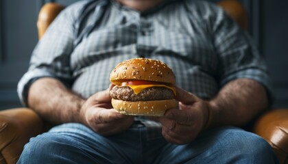 Man sitting comfortably holding a juicy cheeseburger with sesame seeds bun in focus - obrazy, fototapety, plakaty