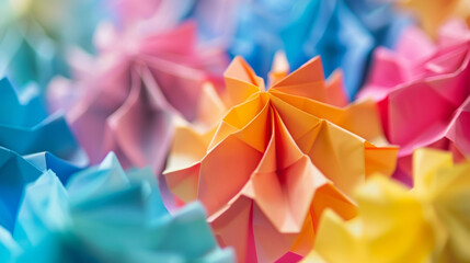 A colorful array of origami shapes each created by combining multiple paper sizes and shapes to produce a vibrant and varied collection. The adaptability of paper in origami - obrazy, fototapety, plakaty
