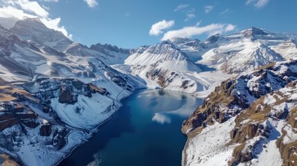 Obraz premium Aerial Panoramic View Of The Snowing Mountains Surrounding Laguna Del Inca In The Chilean Andes, Chile.