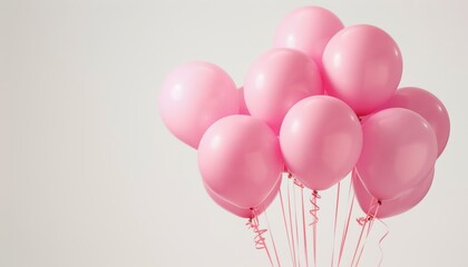 A bunch of pink helium balloons tied with red strings against a white background