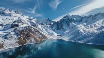 Aerial Panoramic View Of The Snowing Mountains Surrounding Laguna Del Inca In The Chilean Andes, Chile.