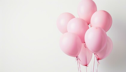 A bunch of pink balloons tied with red ribbons against a white background