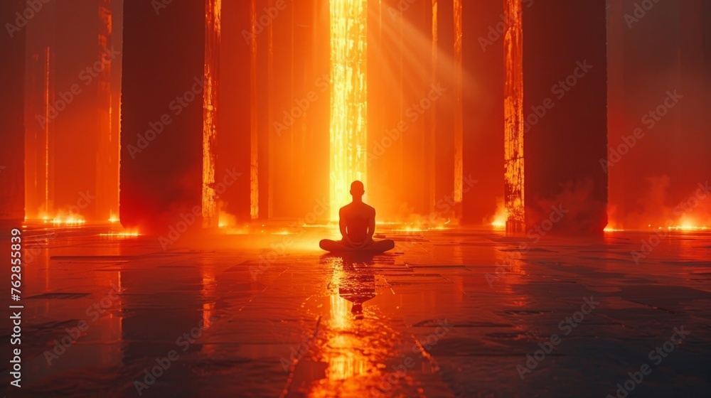 Poster a figure sits in meditation surrounded by beams of glowing light that seem to flow through their bod
