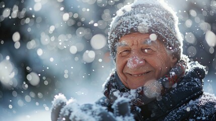 Fototapeta premium Winter magic: Senior person conjuring frost with a touch amidst sparkling snowflakes