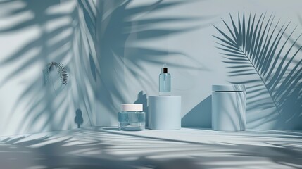 Cosmetics blue podium mockup or product display ad background, vector 3D template. Beauty product display podium with palm leaves shadow and cosmetics bottles of cream or lotion on premium 