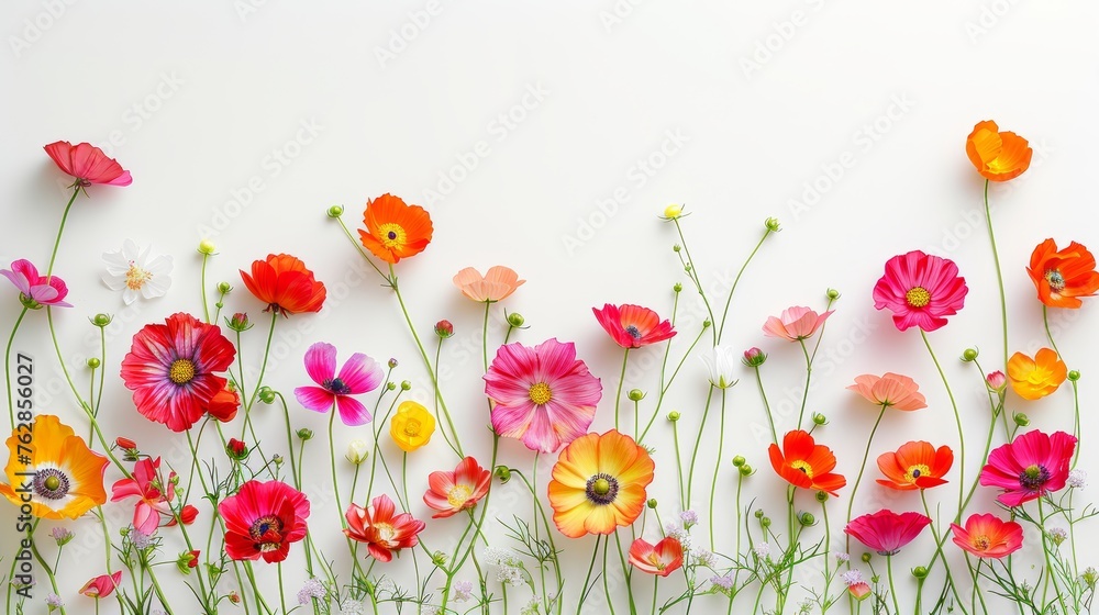 Poster assorted vibrant flowers on white background with ample space for text placement