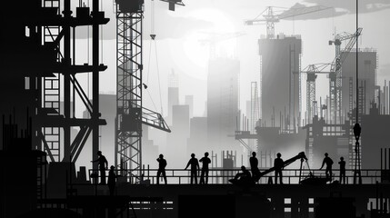 Black silhouette staff works as a to prepare to welcome the new year. Large construction site, many construction cranes set numbers 2024. Construction team sets numbers