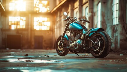 A blue motorcycle with a worn tire is parked in an abandoned building, its wheel reflects water from a leaky ceiling. The vehicles automotive lighting glows dimly in the darkness