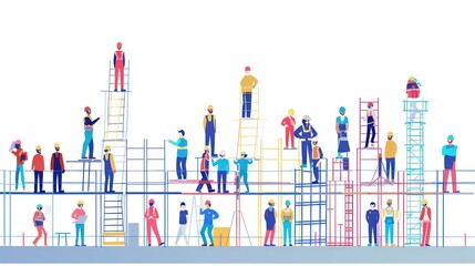 Builders and construction workers in helmets. Diverse people working in building industry, architect, painter, engineers and repairman isolated line art flat vector illustration. 