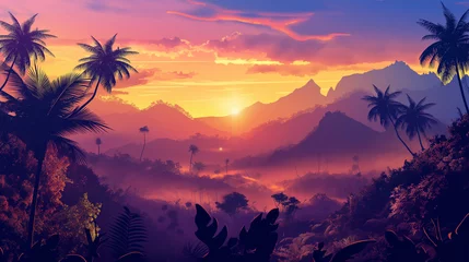 Zelfklevend Fotobehang Topical and Sunset isolation Background, Illustration © AI-Stocks