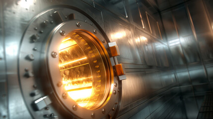 Open silver bank vault with golden light peeking from inside. - obrazy, fototapety, plakaty
