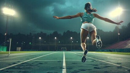 A player in a sports uniform is jumping in the air on a track, with shorts and thigh visible. The grass is green, sky is cloudy, water nearby. A fun competition event - obrazy, fototapety, plakaty