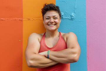 Strong and muscular lesbian, proud woman with a smile and crossed muscle arms and short hair on a...