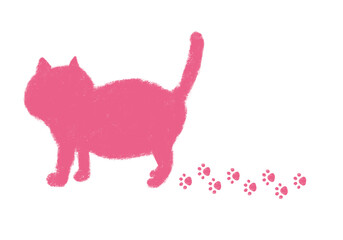 歩く猫のシルエット 足跡 クレヨンタッチ　ピンク