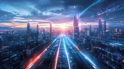 Obraz premium Concept of a futuristic digital city illustrated by a wide image for promotions