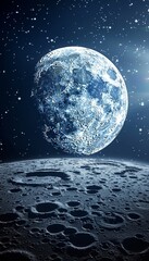 Close up illustration of moon s surface in galaxy space, decorative landscape view