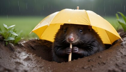 A Mole With A Tiny Umbrella In A Rainy Burrow Upscaled 7 - obrazy, fototapety, plakaty
