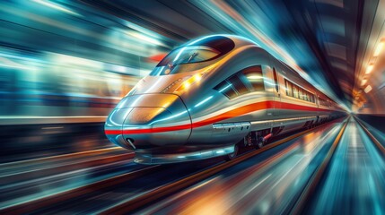 A train is speeding down the tracks with a sunset in the background