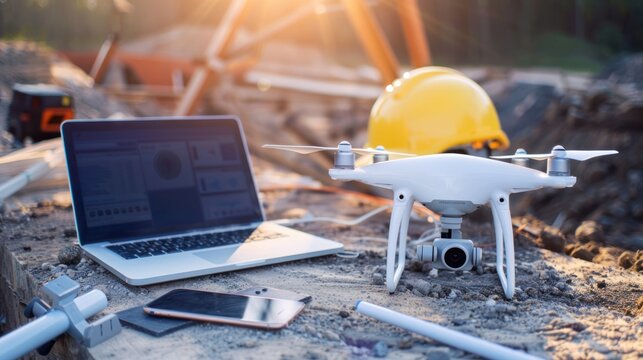Drone, remote control, smartphone, laptop computer and protective helmet at construction site. Using unmanned aerial vehicle (UAV) for land and building site survey in civil engineering project.