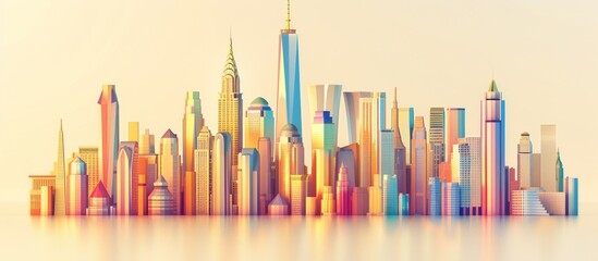 A city skyline is shown in a colorful, abstract style