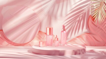 Pink podium with cosmetics or product display background, vector presentation pedestal. Pink podium with cosmetic bottles, palm leaves shadow and sunlight on wall, premium product display mockup,