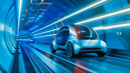 Yellow wireframe Modern Electric car rides through Blue tunnel