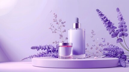 Purple or lavender podium with cosmetics. Luxury cosmetics package advertisement showcase template, skincare cream and shampoo presentation composition realistic,Generative ai, 