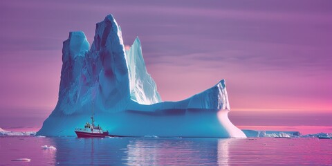 A boat is sailing near a large ice block