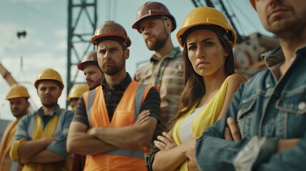 Group of diverse people portrait at the construction site looking at camera. Construction or civil engineers standing at construction site portrait.