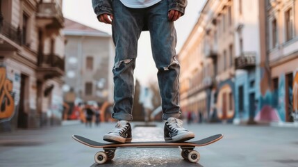 young man riding his skateboard on a public road during the day in high resolution