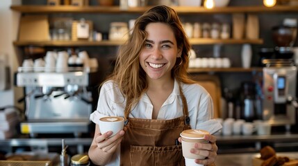 A barista serving a cup of coffee with a smile.