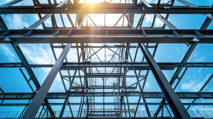 Light mouth steel channel or C channel steel for construction materials. C-shaped steel structure. Construction of a factory house building. 