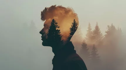 Foto op Plexiglas Silhouette of man melded with tranquil forest in captivating double exposure art © Ilja