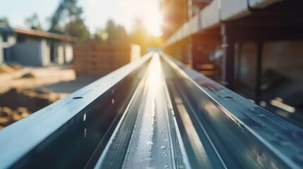 Light mouth steel channel or C channel steel for construction materials. C-shaped steel structure. Construction of a factory house building. 