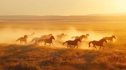 A herd of wild horses galloping across an open plain