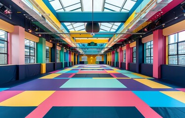 A large room with a colorful floor and walls