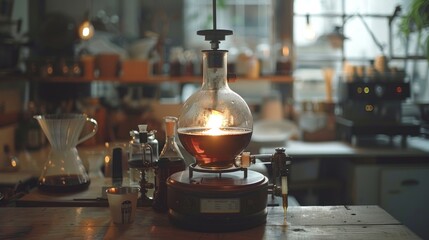 Artisanal coffee brewing with siphon coffee maker in a cozy cafe