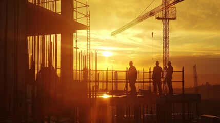 Silhouette of construction workers on the construction site at sunset.