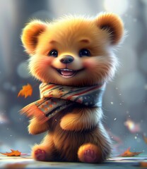 A cute teddy bear is wearing a scarf and smiling