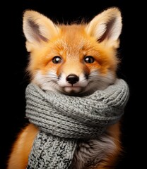 A fox is wearing a scarf and looking at the camera