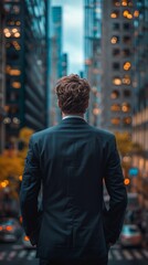 Fototapeta premium A man in a suit stands in the middle of a city street