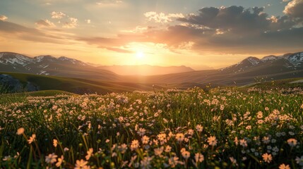 View of a countryside landscape at sunset in spring with flowers blooming in Aragatsotn Province of Armenia. 