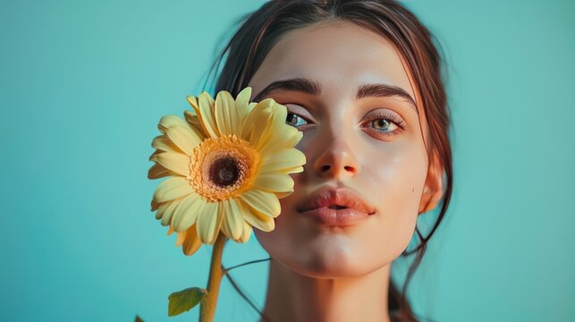 Young woman with flower on color background. Concept of social networking 