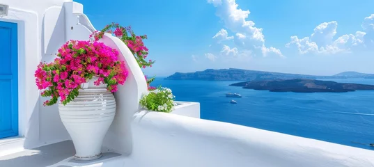 Poster Daytime panorama of fira and oia towns on santorini thira island, greece, southern aegean sea © Ilja