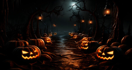 a scary alley with pumpkins and creepy candles - obrazy, fototapety, plakaty