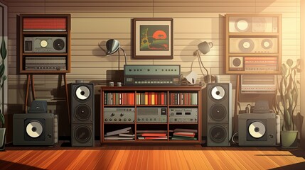 Nostalgic music room with vinyl records, cassette tapes, and a modern digital vector interface, capturing the essence of audio evolution