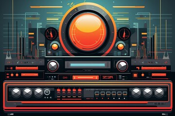 Retro stereo setup with modern digital flare, vector art showcasing analog sound systems and futuristic interfaces