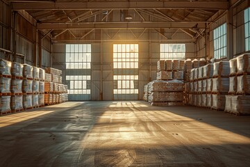 Clean and spacious agricultural warehouse interior during golden hour - obrazy, fototapety, plakaty