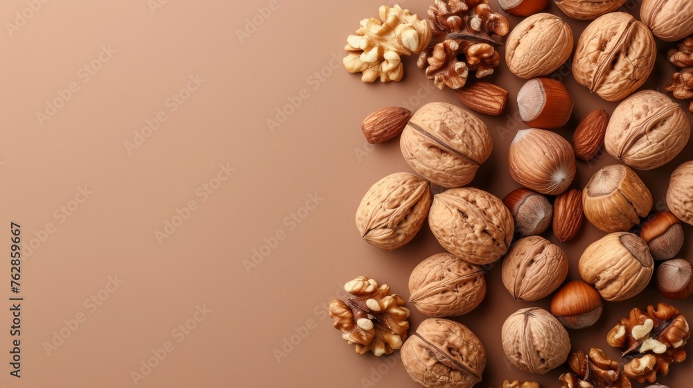Aufkleber assorted nuts on neutral background with ample space for customizable text placement