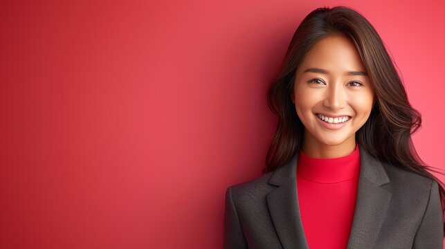 Asian business woman with long brown hair and a black jacket is smiling